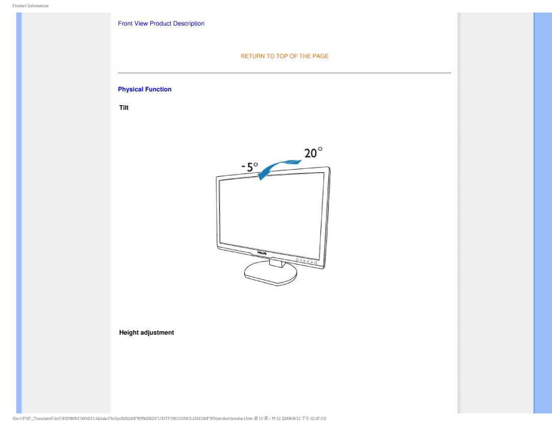 Philips 240PW9 user manual Physical Function, Tilt Height adjustment 