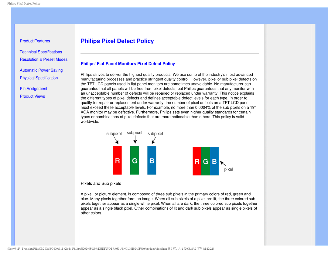 Philips 240PW9 user manual Philips Pixel Defect Policy, Philips Flat Panel Monitors Pixel Defect Policy 