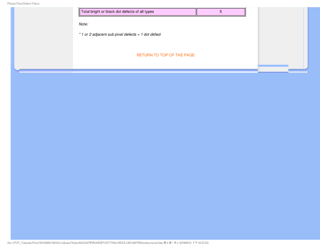 Philips 240PW9 user manual Or 2 adjacent sub pixel defects = 1 dot defect 