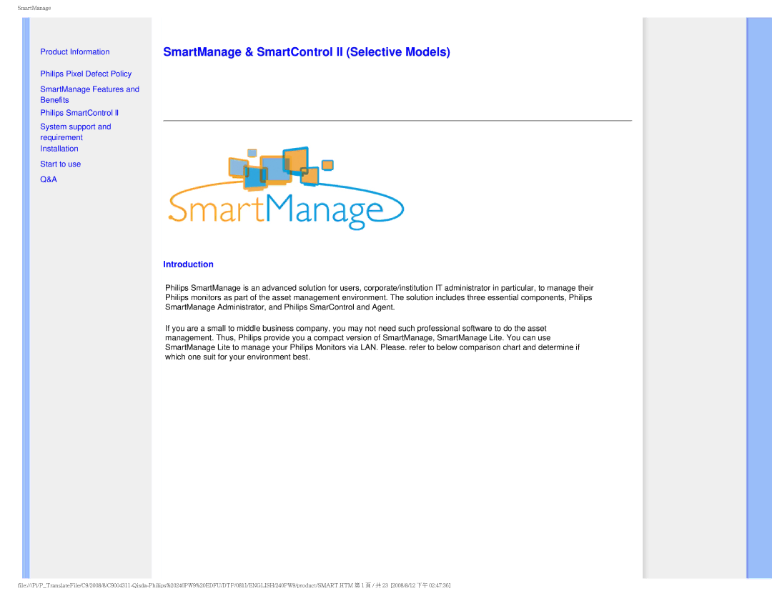 Philips 240PW9 user manual SmartManage & SmartControl II Selective Models, Introduction 