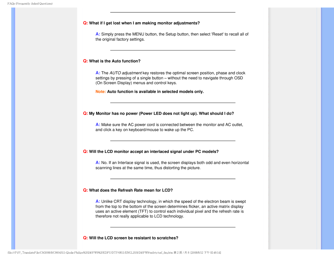 Philips 240PW9 user manual What if I get lost when I am making monitor adjustments? 