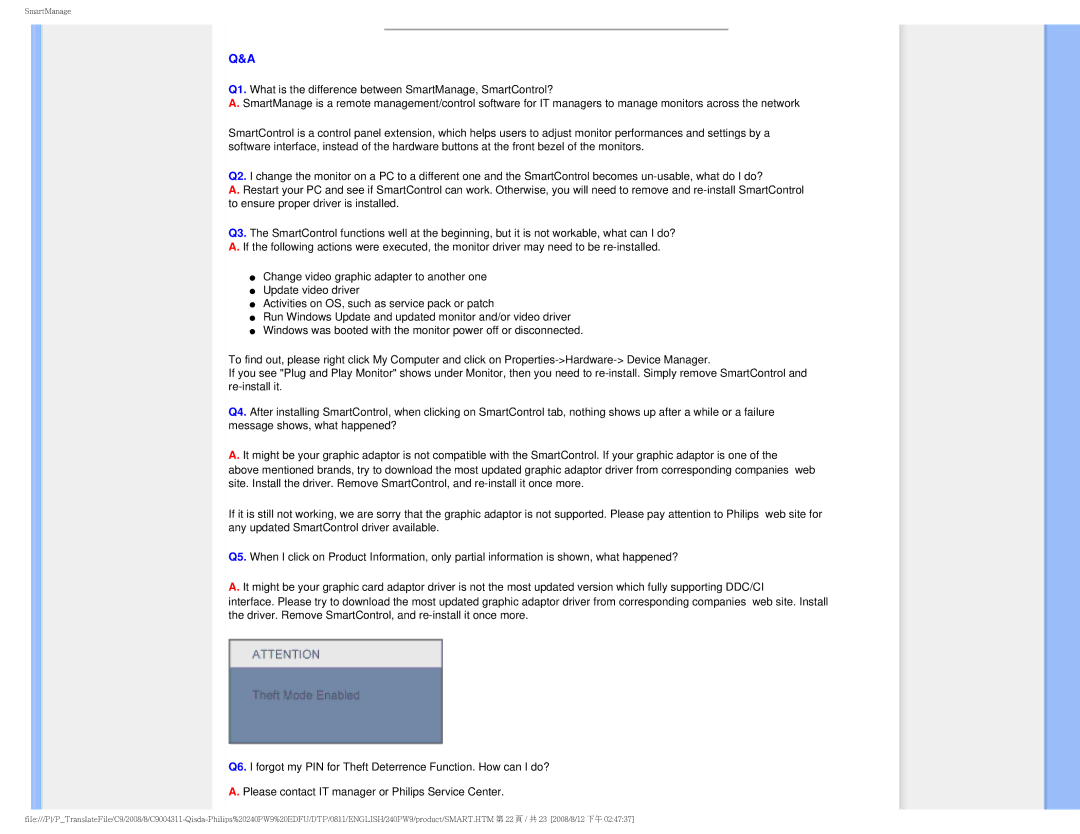 Philips 240PW9 user manual SmartManage 