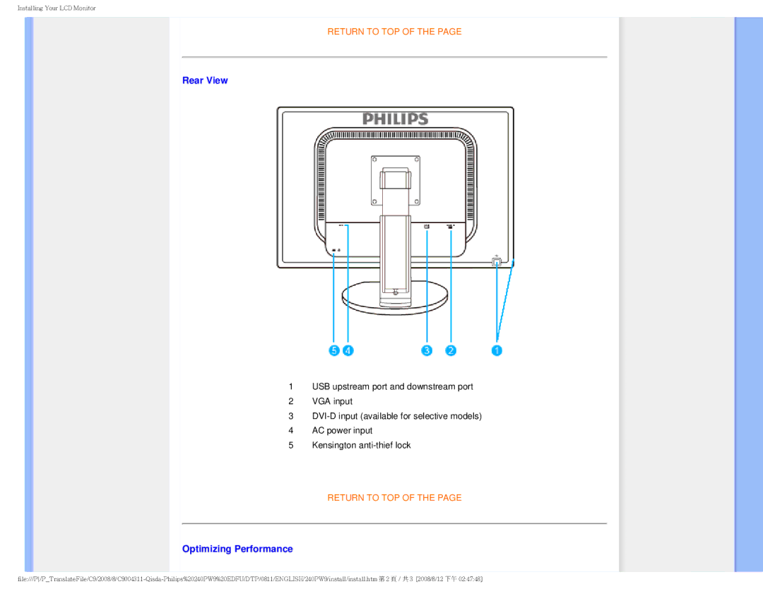 Philips 240PW9 user manual Rear View 