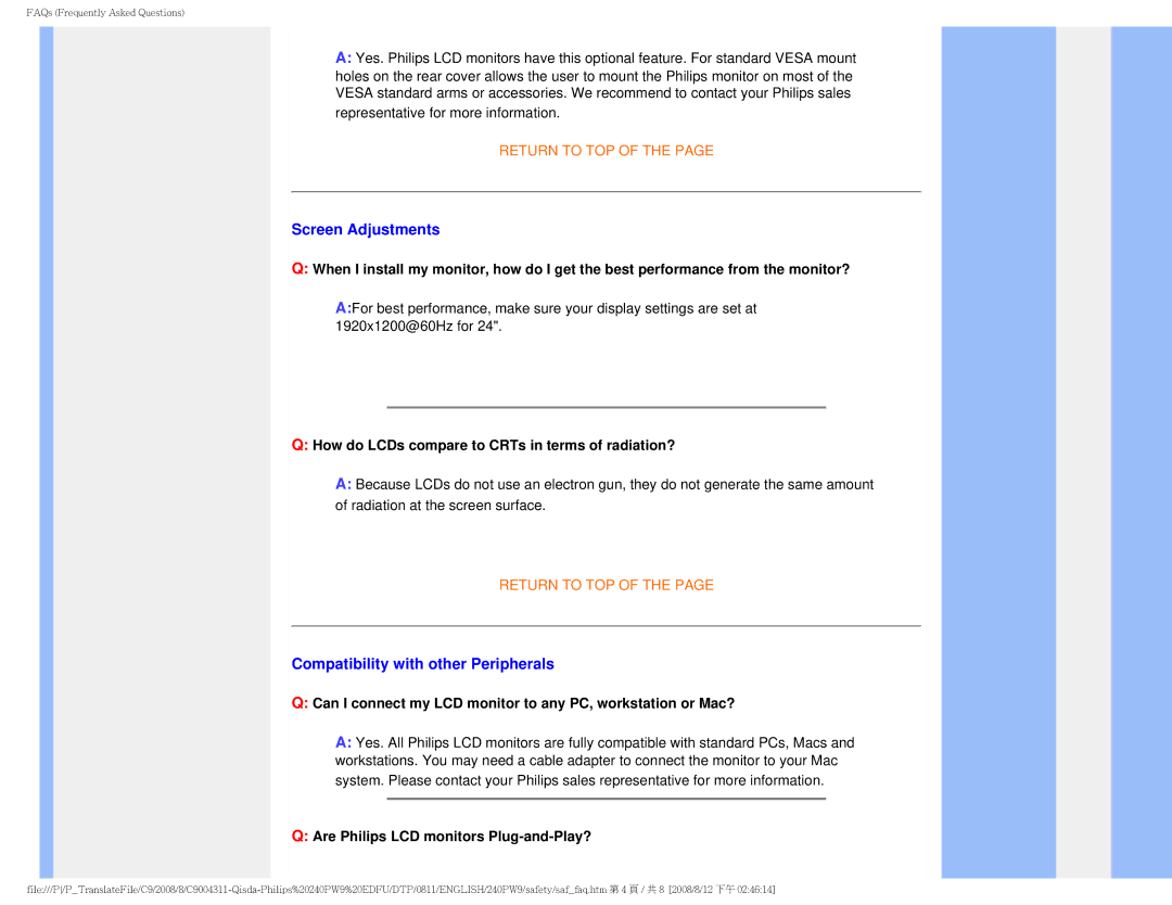 Philips 240PW9 user manual Screen Adjustments, Compatibility with other Peripherals 