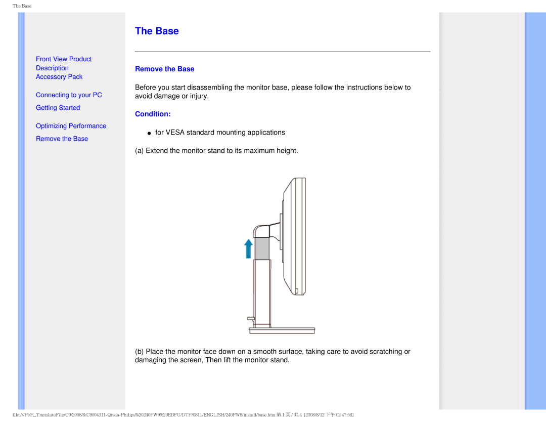 Philips 240PW9 user manual Remove the Base, Condition 