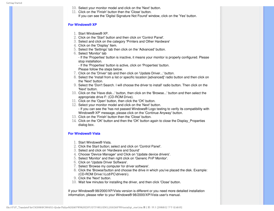 Philips 240PW9 user manual For Windows XP 