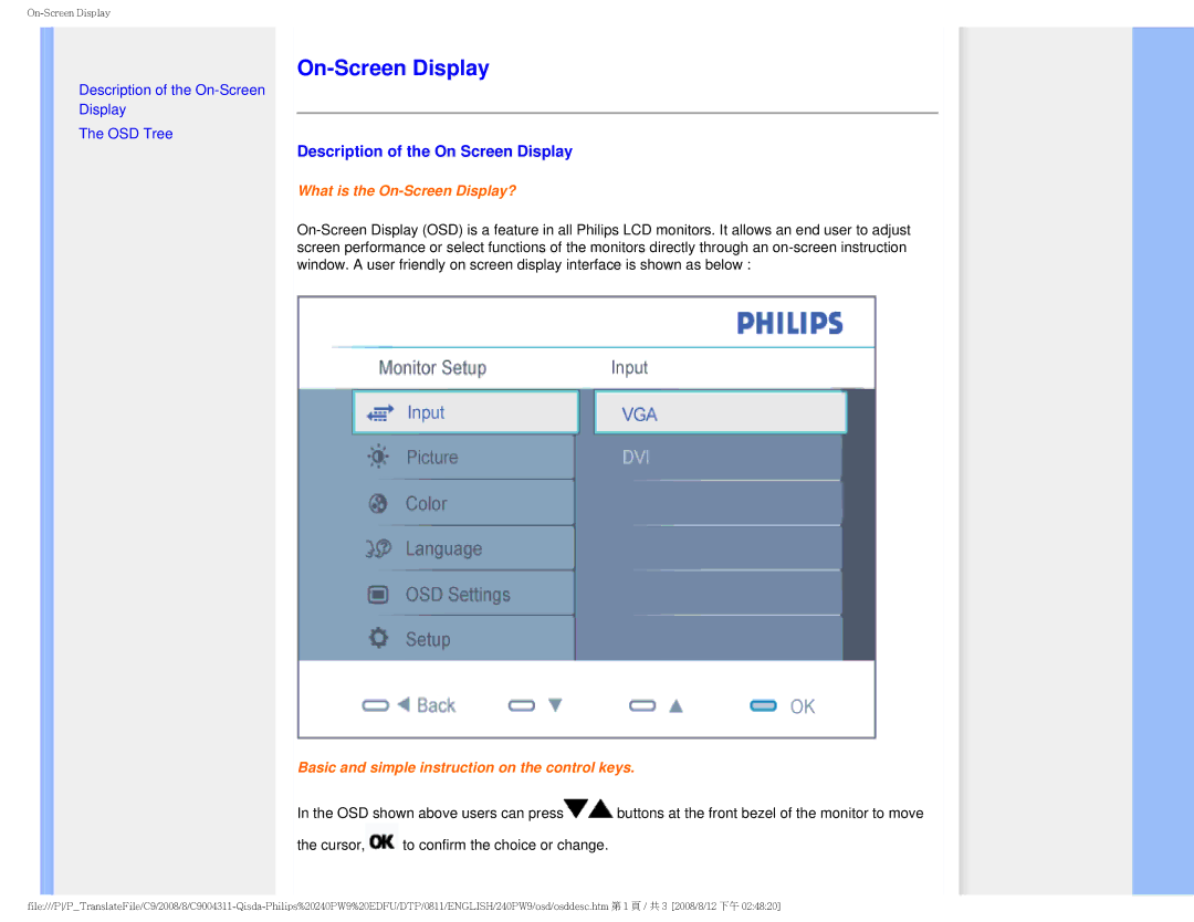 Philips 240PW9 user manual On-Screen Display, Description of the On Screen Display 