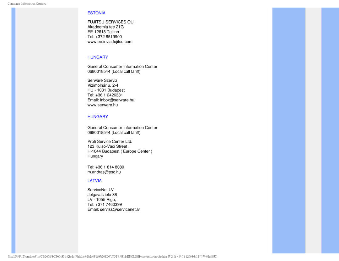 Philips 240PW9 user manual Estonia, Hungary, Latvia 