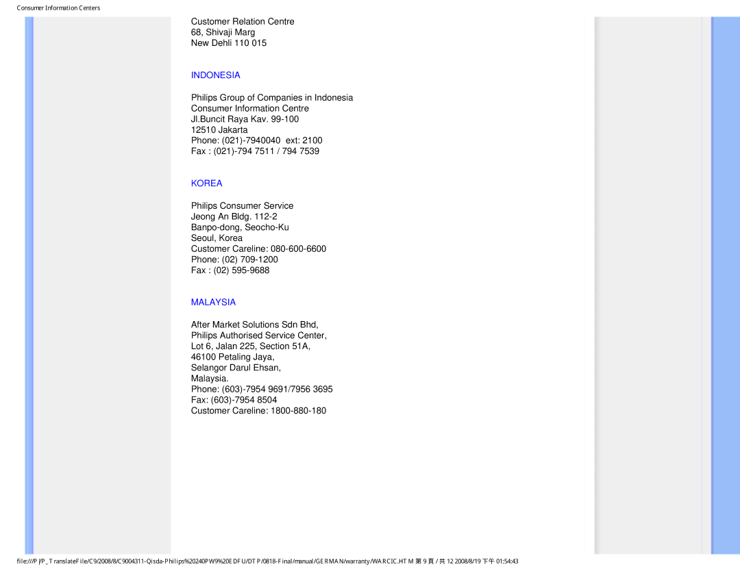 Philips 240PW9 user manual Indonesia, Korea, Malaysia 