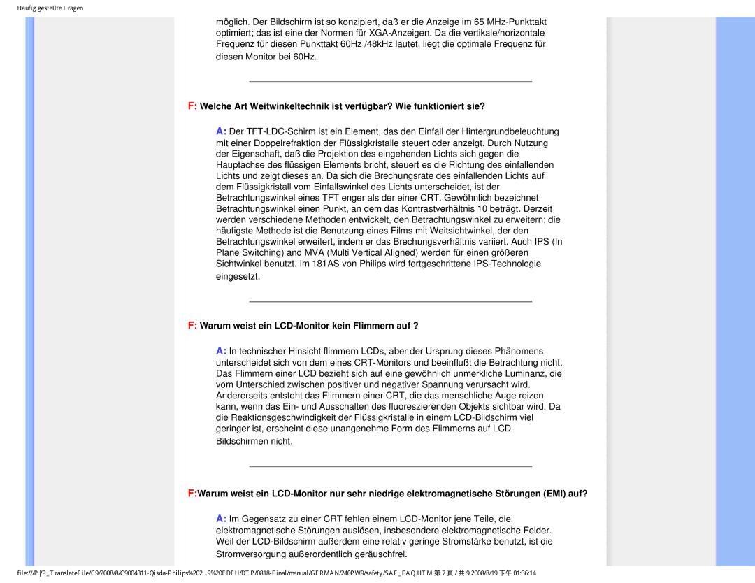 Philips 240PW9 user manual Warum weist ein LCD-Monitor kein Flimmern auf ? 