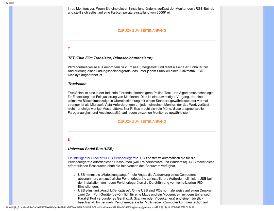 Philips 240PW9 user manual TFT Thin Film Transistor, Dünnschichttransistor 