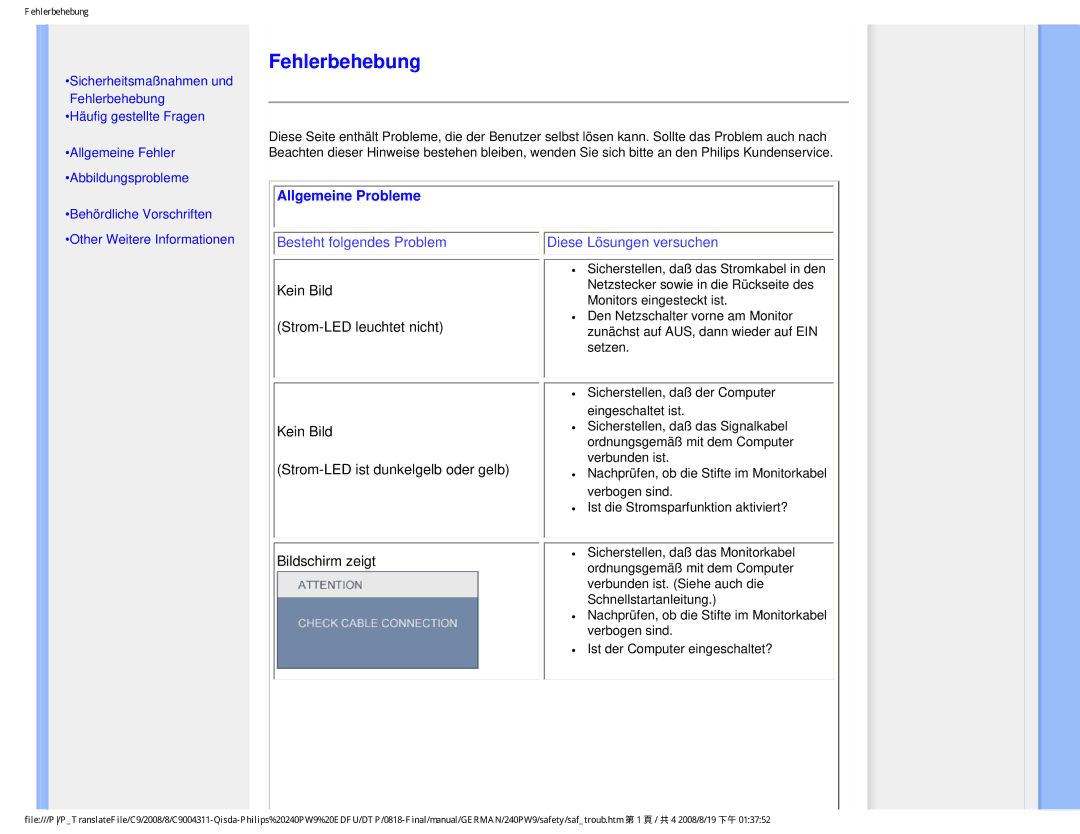 Philips 240PW9 user manual Fehlerbehebung, Allgemeine Probleme 