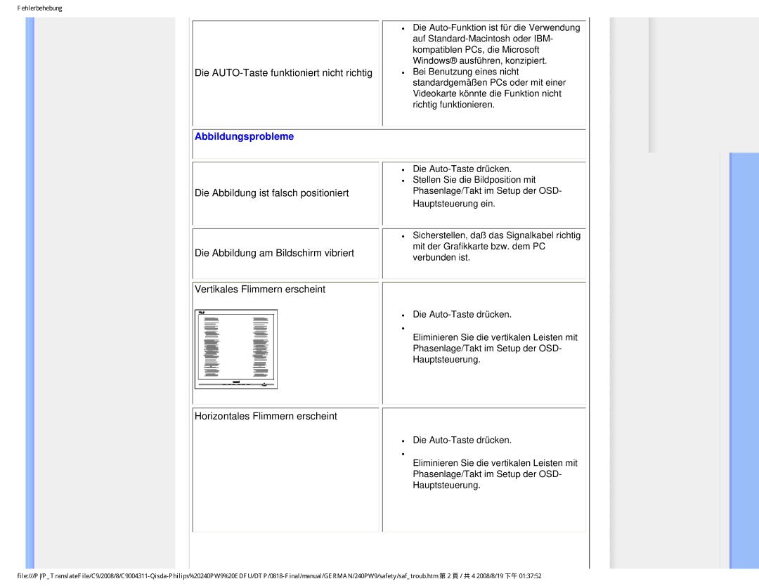 Philips 240PW9 user manual Abbildungsprobleme, Horizontales Flimmern erscheint 