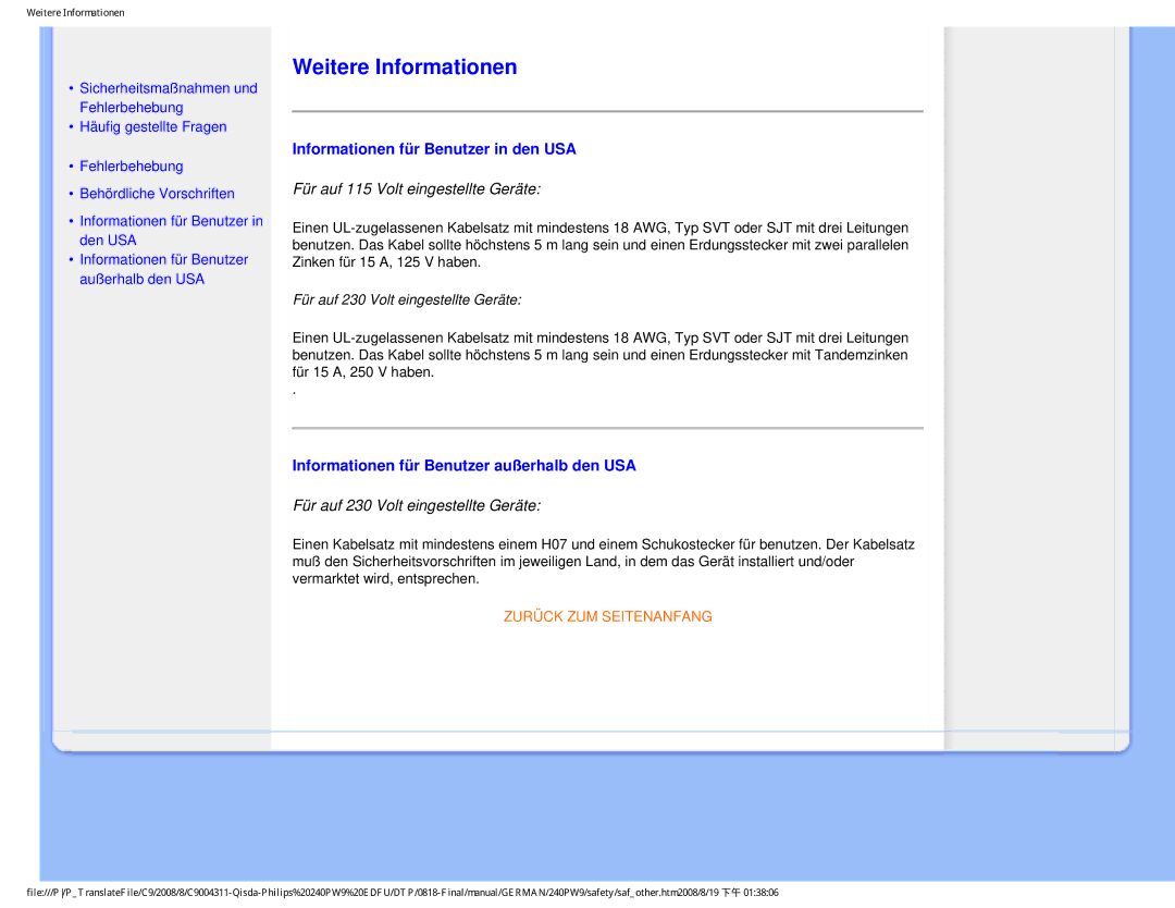 Philips 240PW9 Weitere Informationen, Informationen für Benutzer in den USA, Informationen für Benutzer außerhalb den USA 