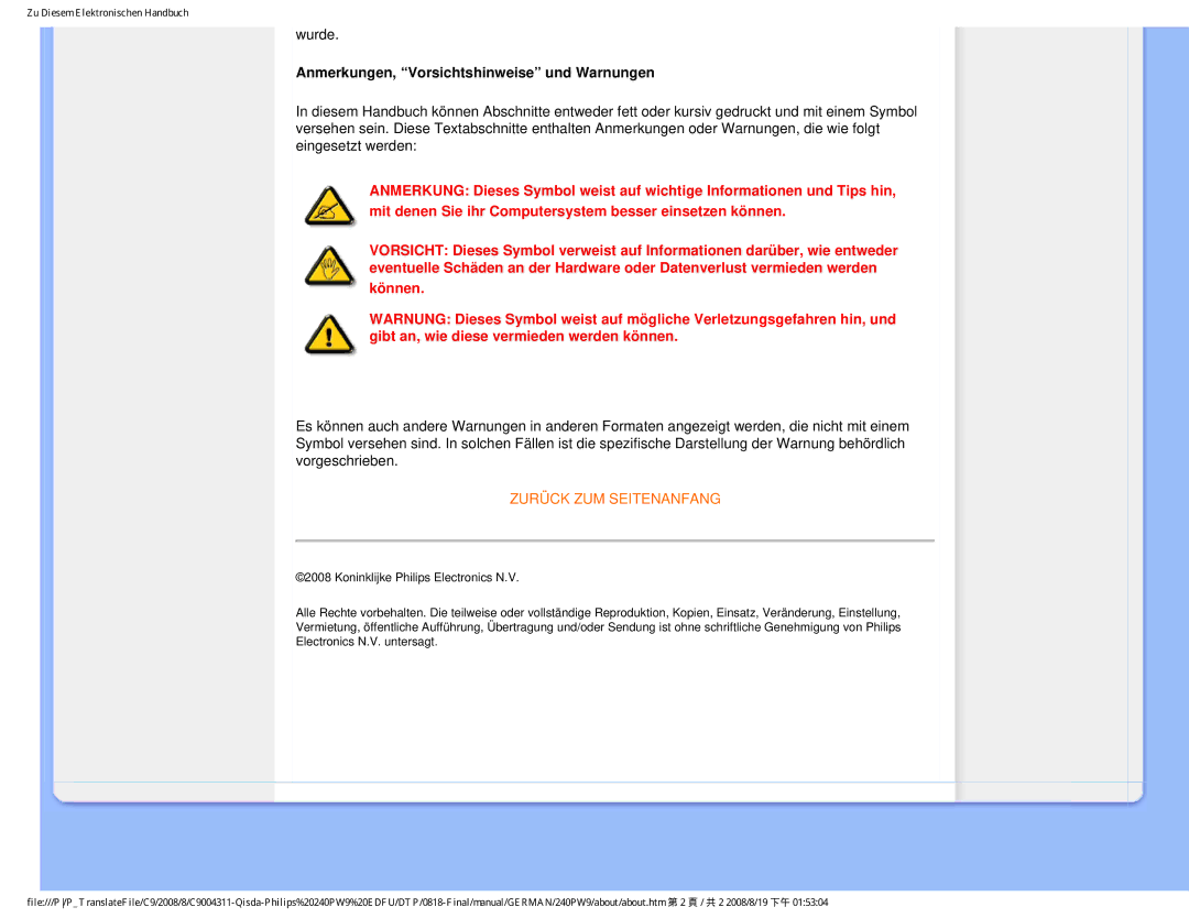 Philips 240PW9 user manual Anmerkungen, Vorsichtshinweise und Warnungen 