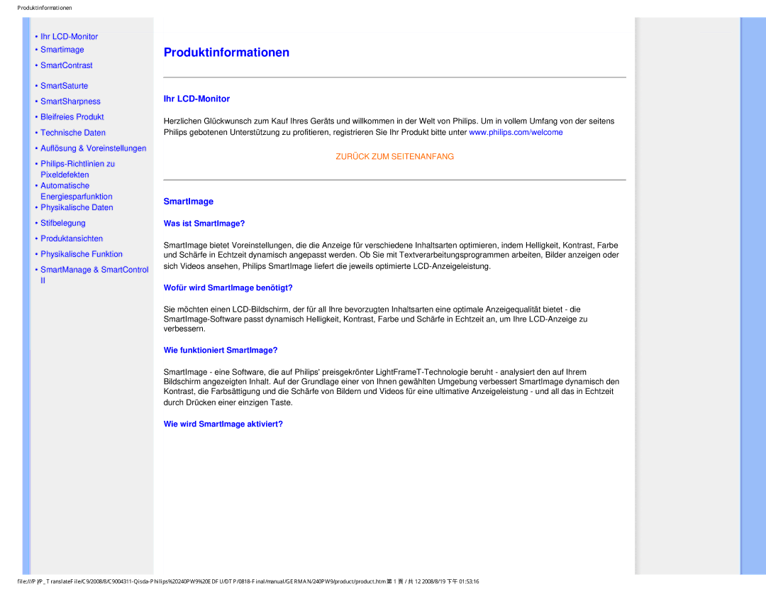 Philips 240PW9 user manual Ihr LCD-Monitor, SmartImage 