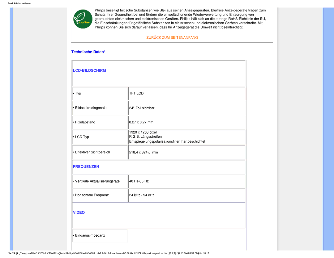 Philips 240PW9 user manual Technische Daten, Lcd-Bildschirm 