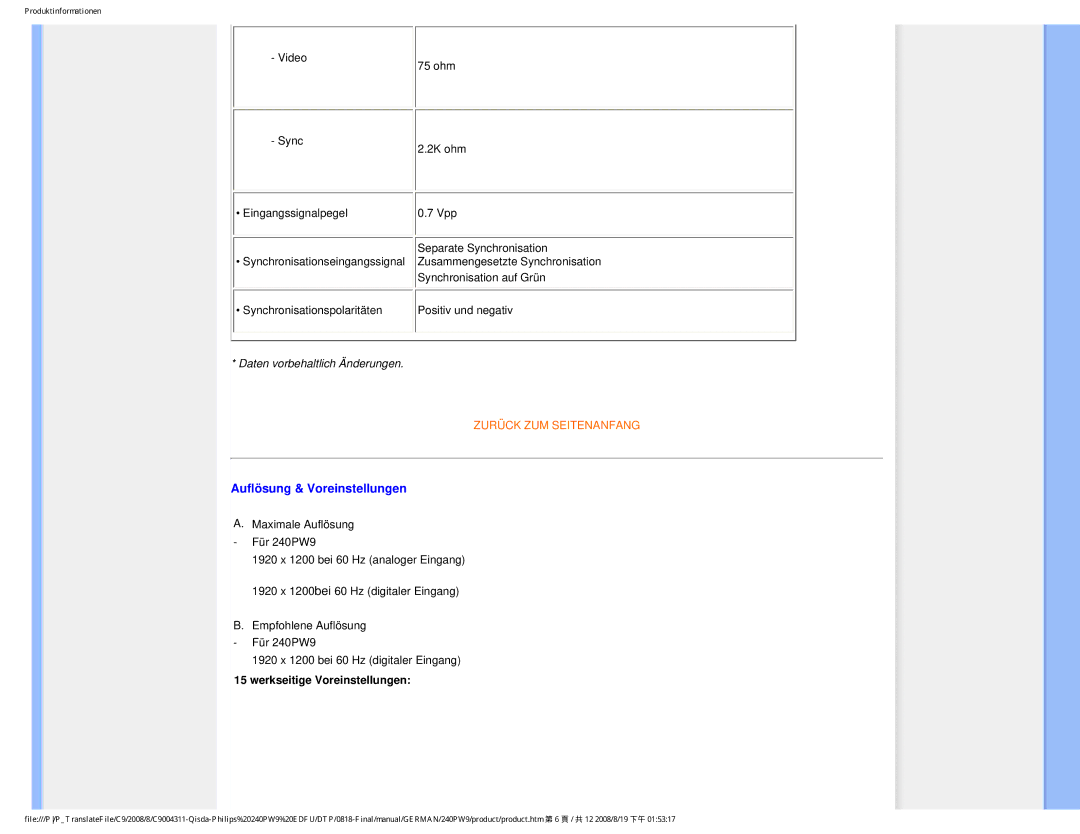 Philips 240PW9 user manual Auflösung & Voreinstellungen, Werkseitige Voreinstellungen 