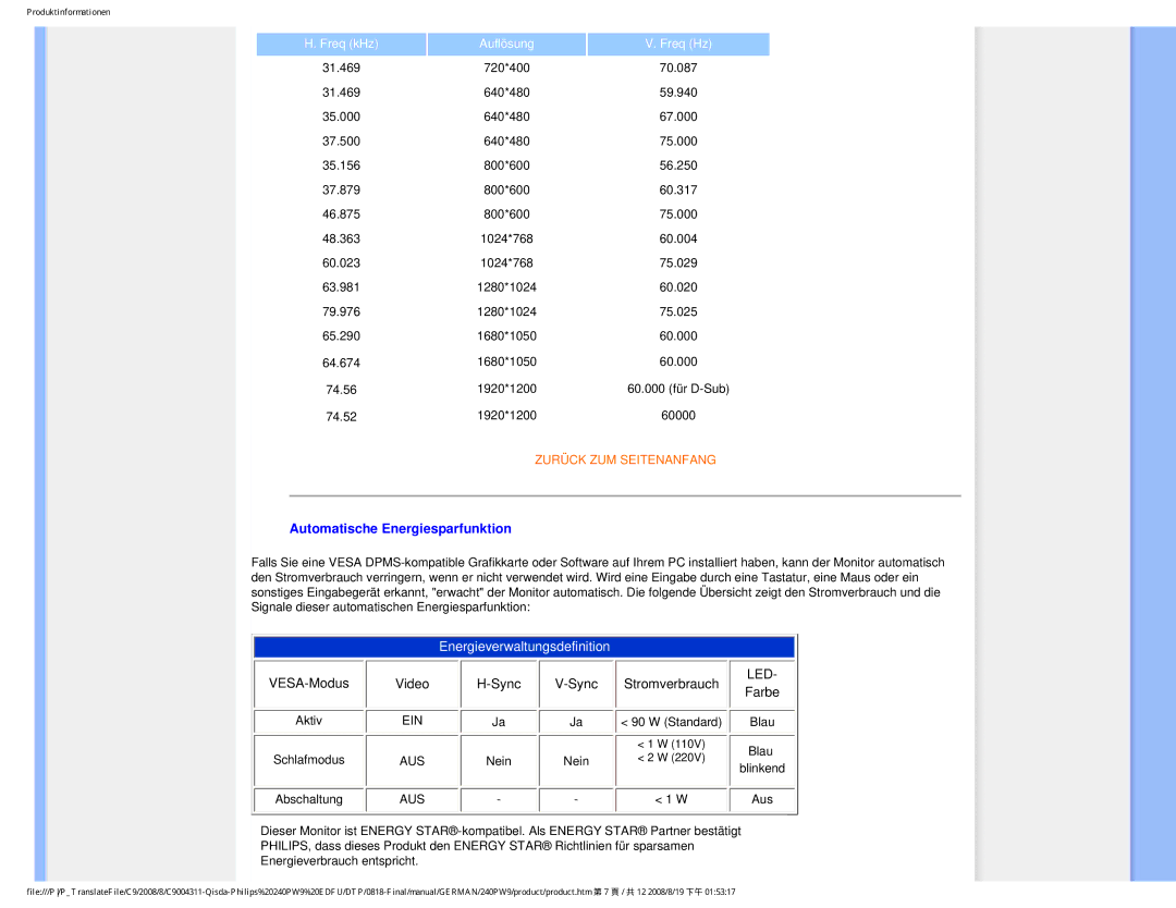 Philips 240PW9 user manual Automatische Energiesparfunktion, Freq kHz Auflösung Freq Hz 