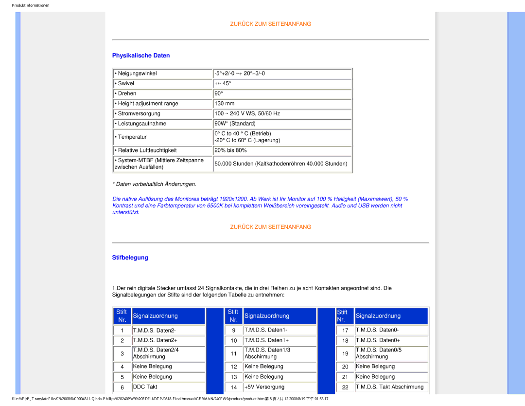 Philips 240PW9 user manual Physikalische Daten, Stifbelegung 