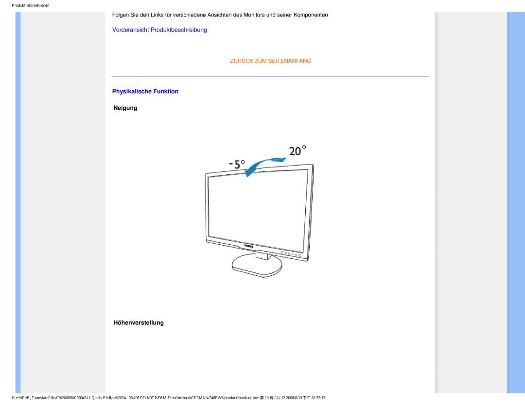 Philips 240PW9 user manual Physikalische Funktion, Neigung Höhenverstellung 