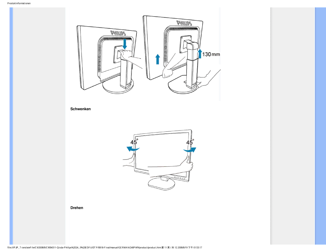 Philips 240PW9 user manual Schwenken Drehen 