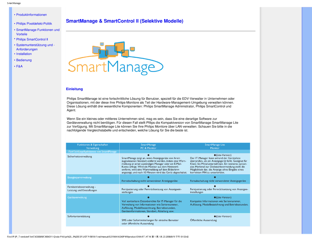 Philips 240PW9 user manual SmartManage & SmartControl II Selektive Modelle, Einleitung 