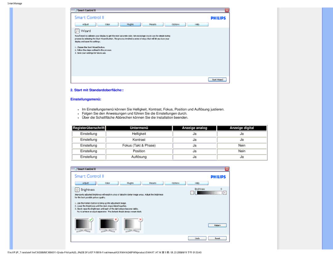 Philips 240PW9 user manual Einstellung Helligkeit 