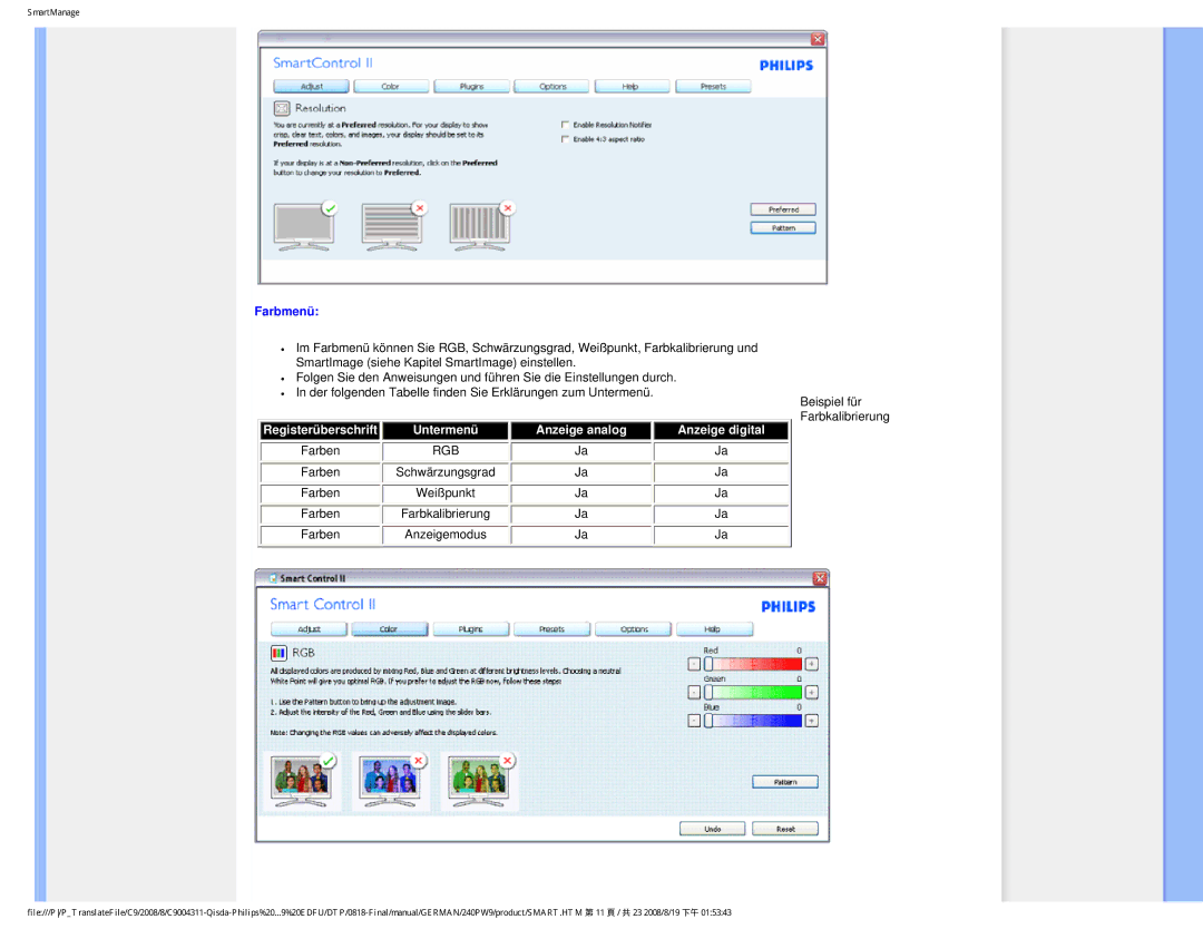 Philips 240PW9 user manual Farbmenü, Rgb 