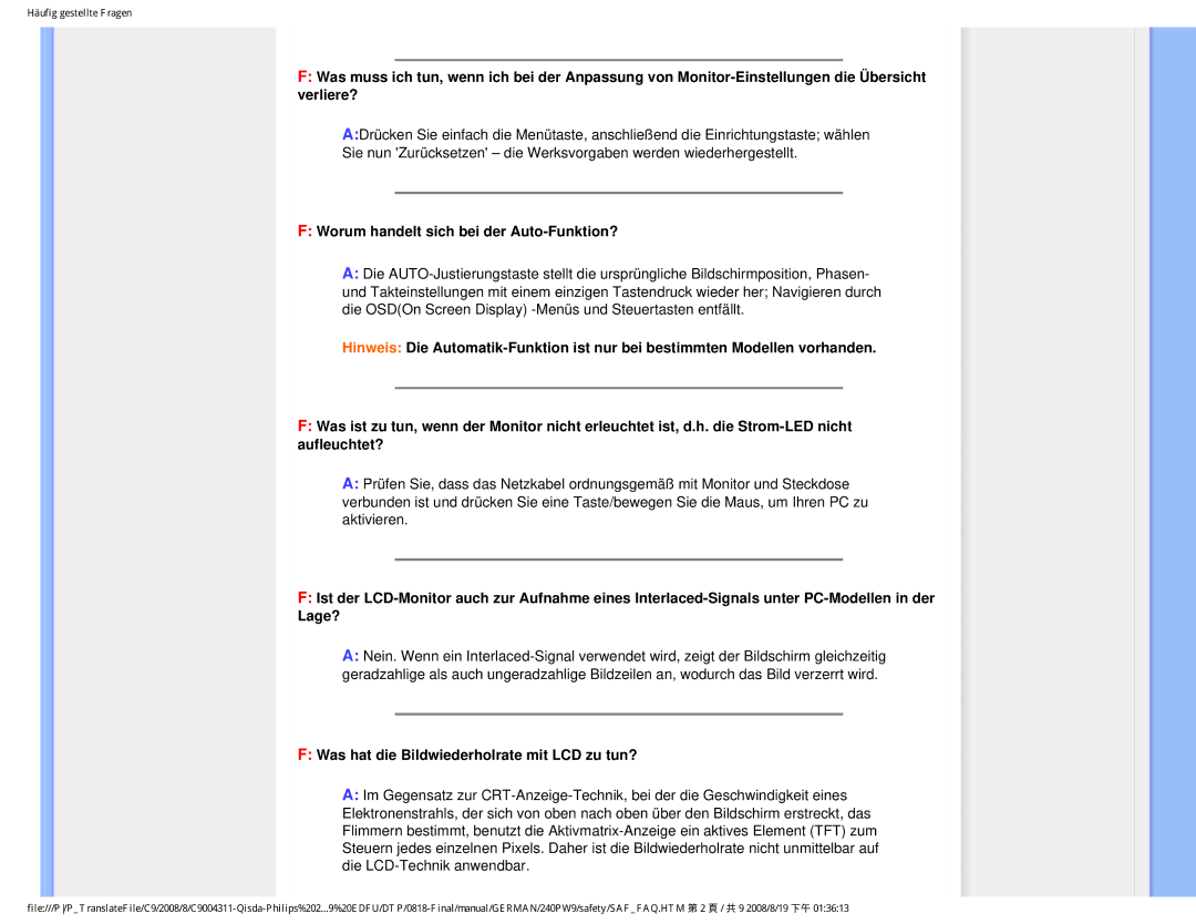 Philips 240PW9 user manual Worum handelt sich bei der Auto-Funktion?, Was hat die Bildwiederholrate mit LCD zu tun? 