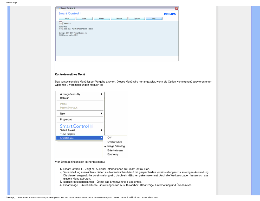 Philips 240PW9 user manual Kontextsensibles Menü 