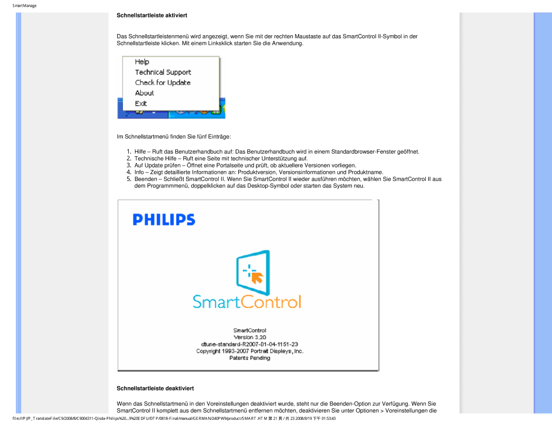 Philips 240PW9 user manual Schnellstartleiste aktiviert 