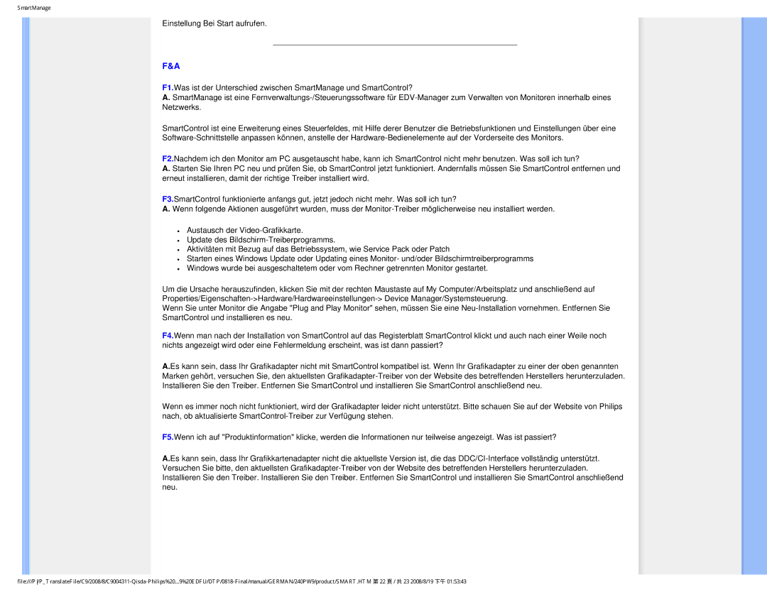 Philips 240PW9 user manual SmartManage 