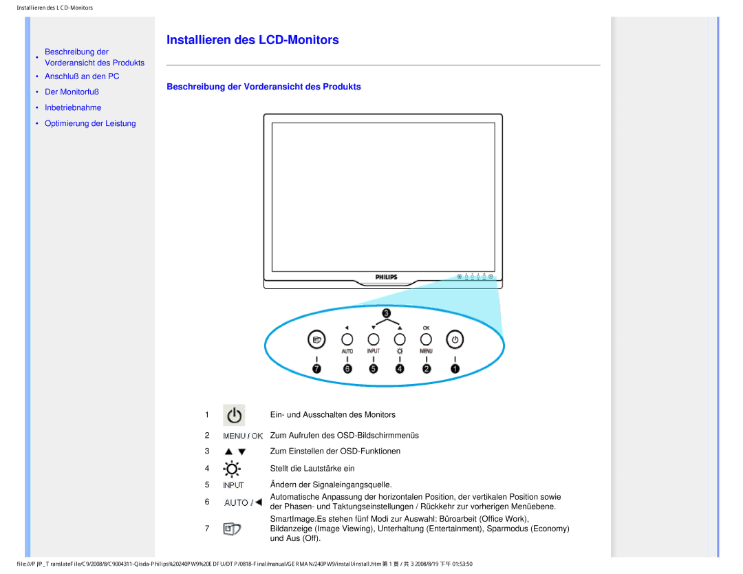 Philips 240PW9 user manual Installieren des LCD-Monitors, Beschreibung der Vorderansicht des Produkts 