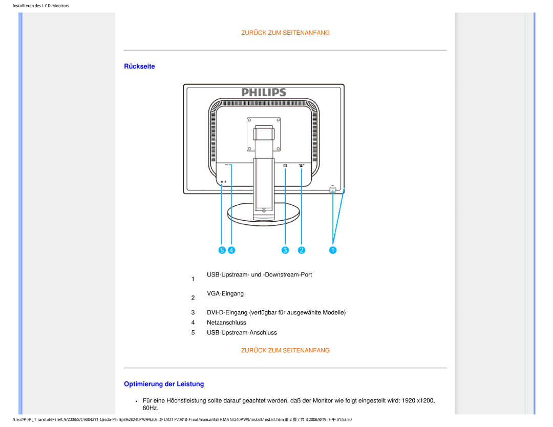 Philips 240PW9 user manual Rückseite, Optimierung der Leistung 