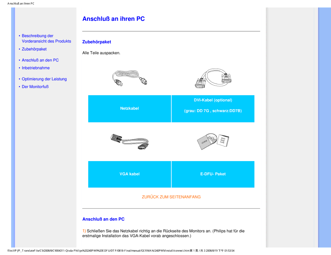 Philips 240PW9 user manual Anschluß an ihren PC, Zubehörpaket, Anschluß an den PC 