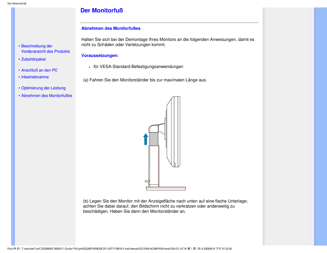 Philips 240PW9 user manual Der Monitorfuß, Abnehmen des Monitorfußes, Voraussetzungen 