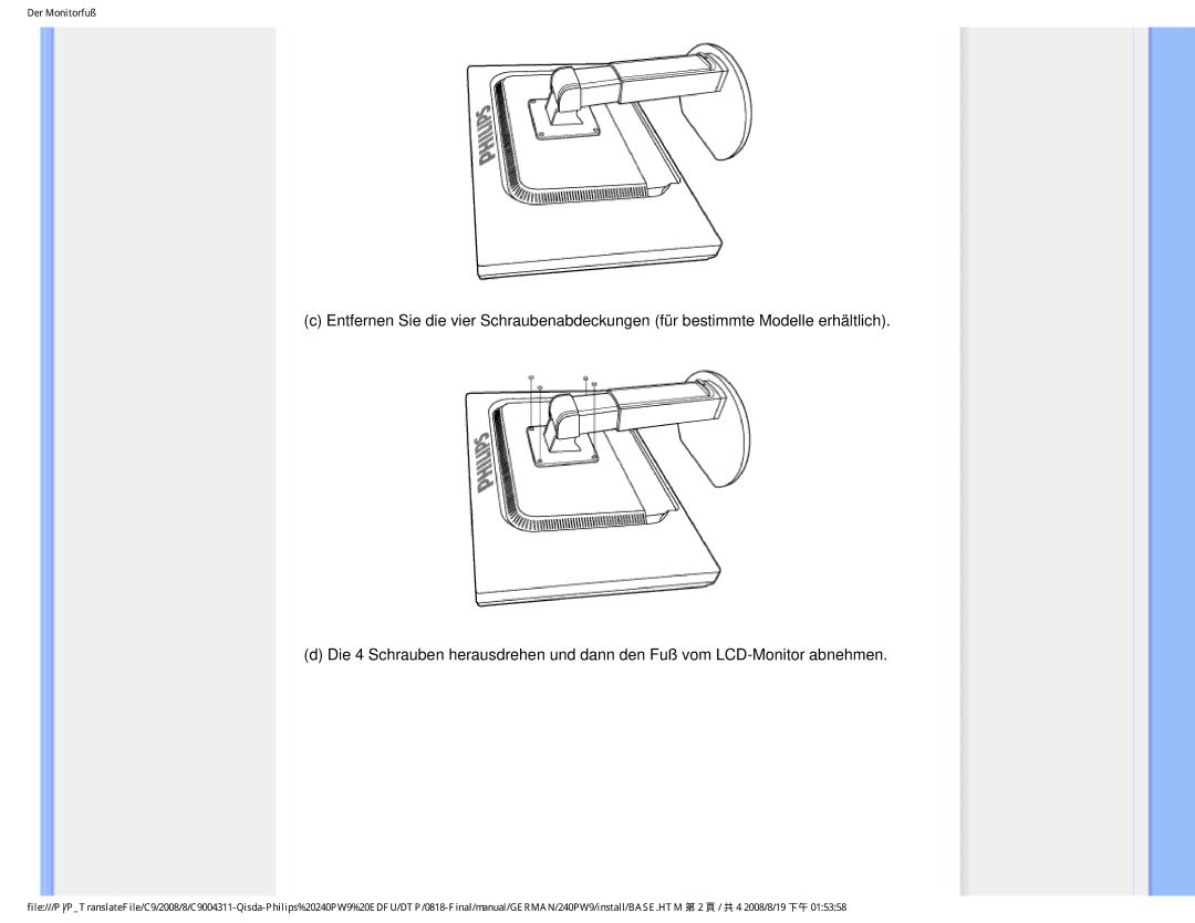 Philips 240PW9 user manual Der Monitorfuß 