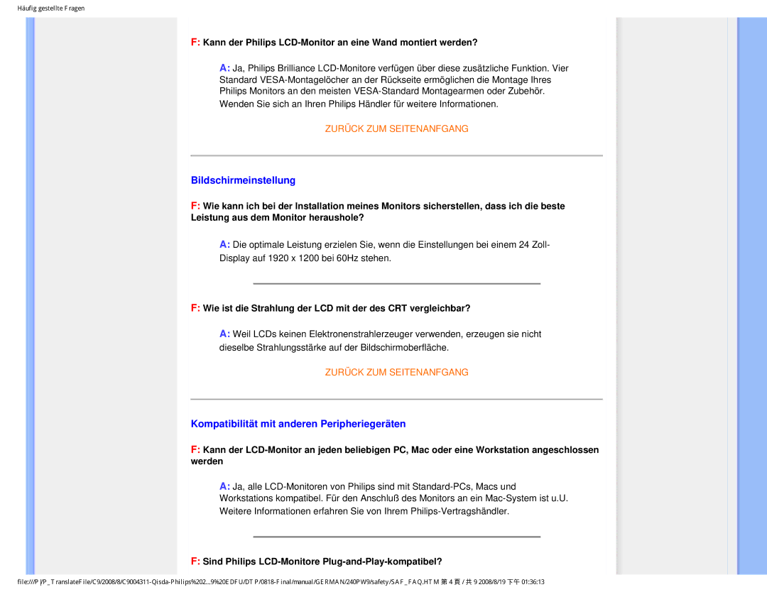 Philips 240PW9 user manual Bildschirmeinstellung, Kompatibilität mit anderen Peripheriegeräten 