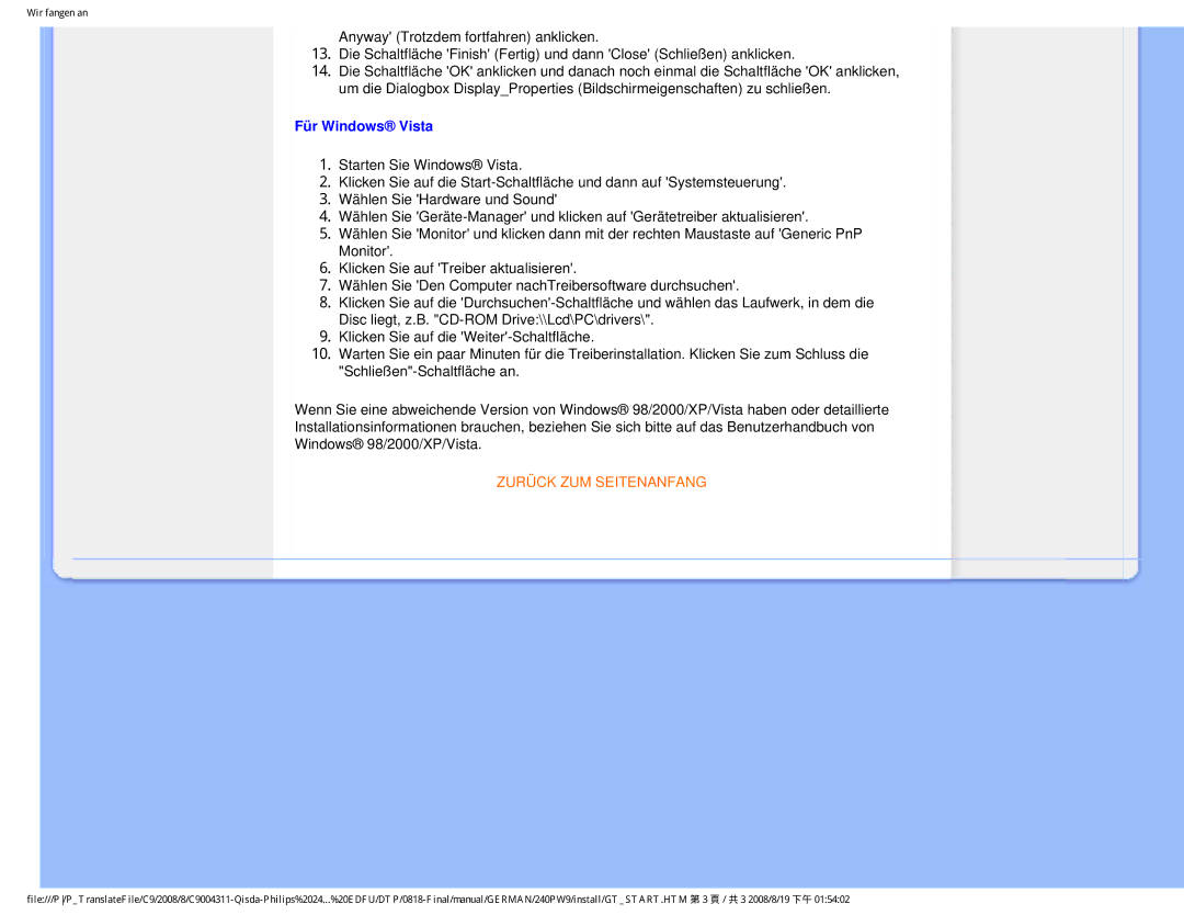 Philips 240PW9 user manual Für Windows Vista 