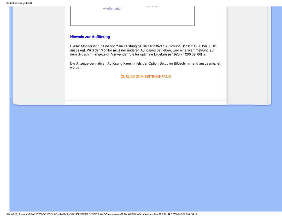Philips 240PW9 user manual Hinweis zur Auflösung 