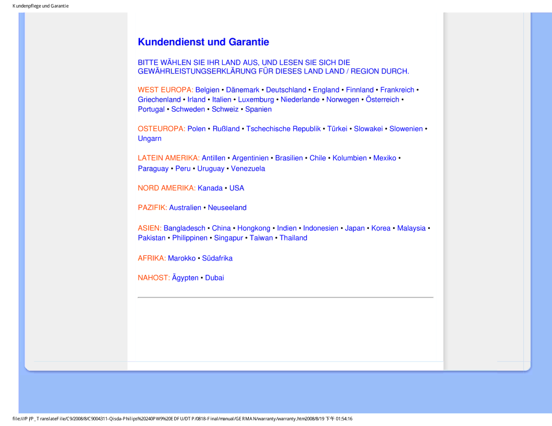 Philips 240PW9 user manual Kundendienst und Garantie, Nord Amerika Kanada USA 