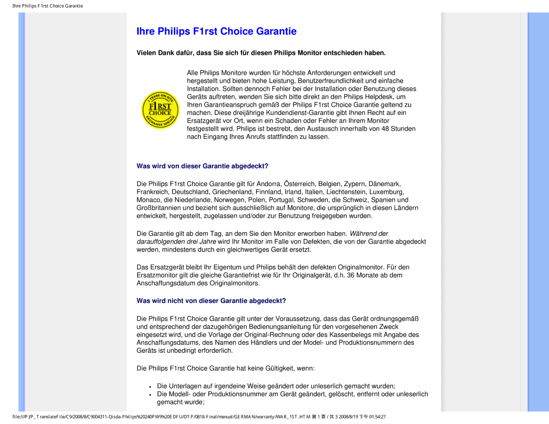 Philips 240PW9 user manual Ihre Philips F1rst Choice Garantie, Was wird von dieser Garantie abgedeckt? 