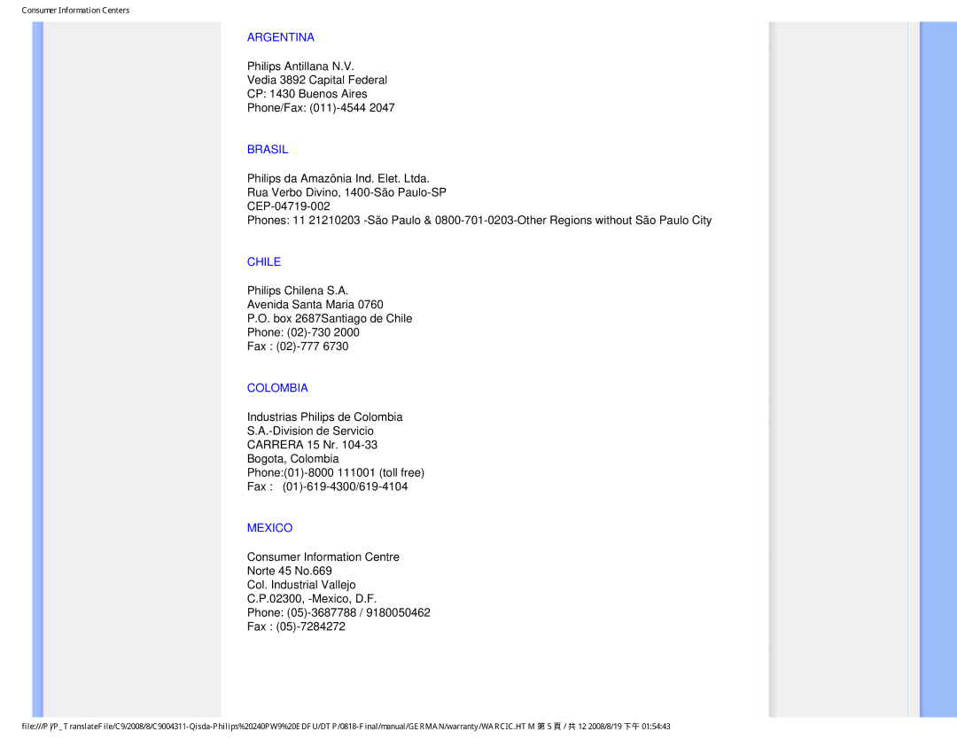 Philips 240PW9 user manual Argentina, Brasil, Chile, Colombia, Mexico 