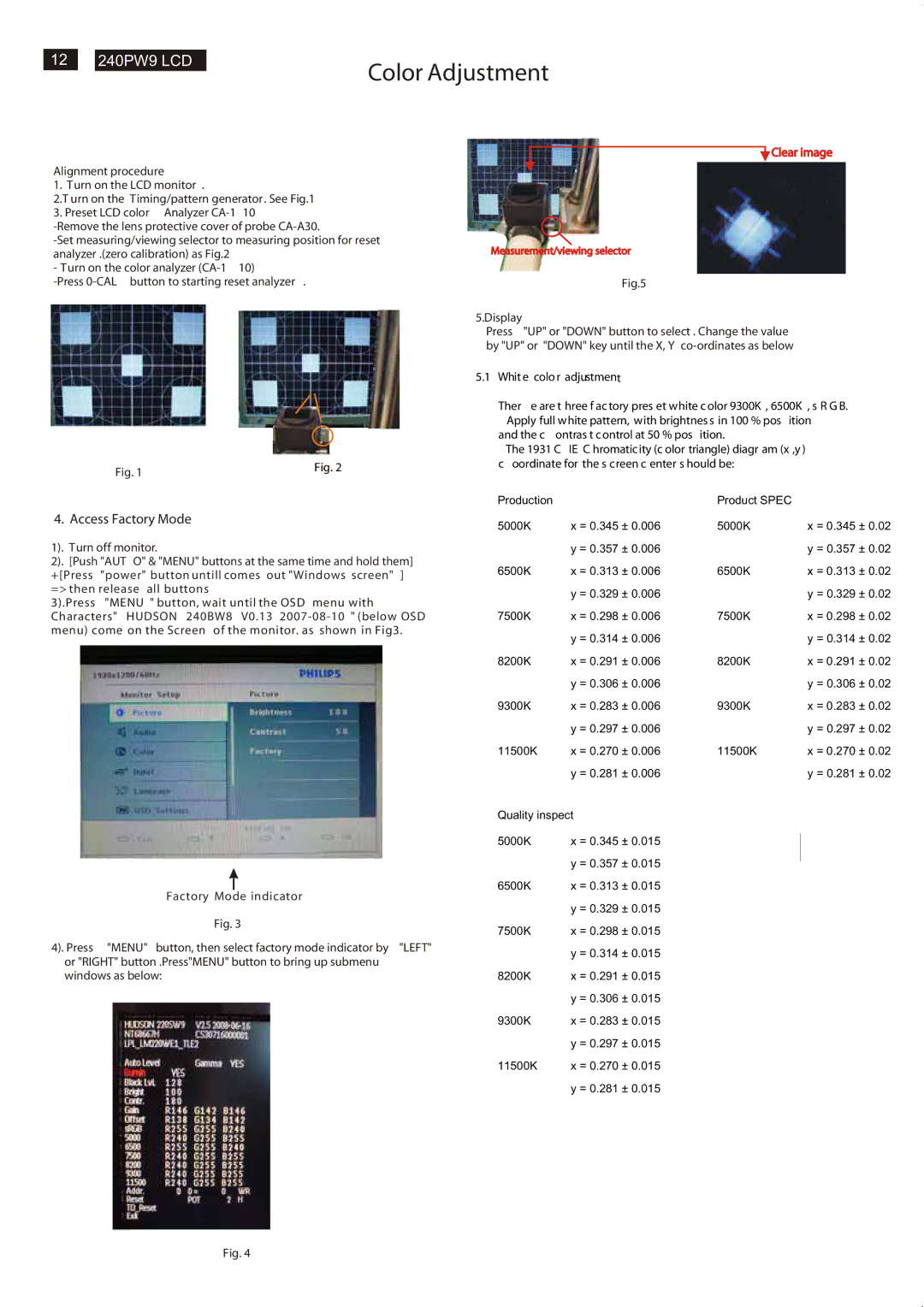 Philips 240PW9EB/27, 240PW9ES /00, 240PW9EB/75, 240PW9EB/00, 240PW9EB/69 manual Color Adjustment 