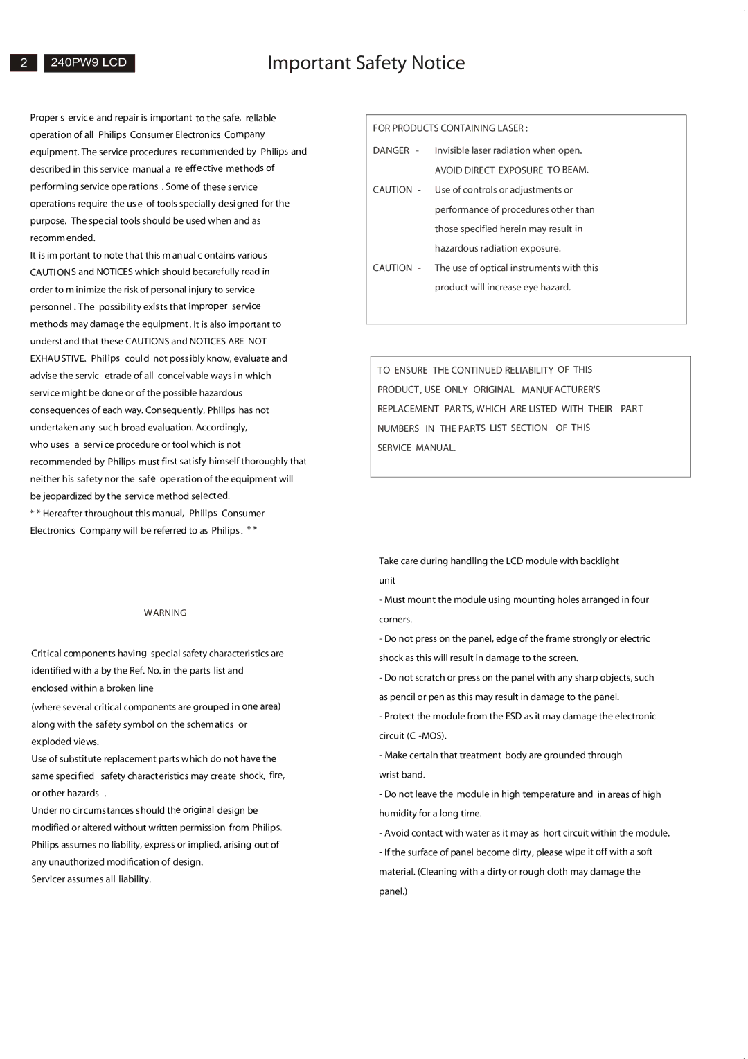 Philips 240PW9EB/27, 240PW9ES /00, 240PW9EB/75, 240PW9EB/00, 240PW9EB/69 manual Important Safety Notice 