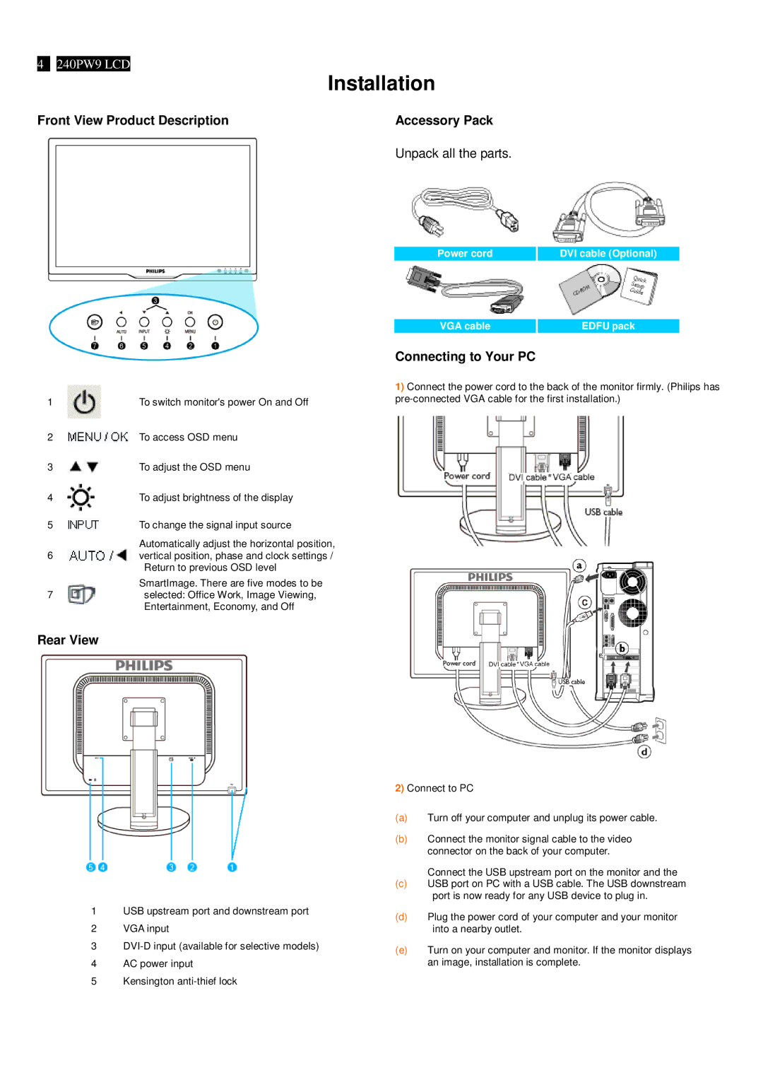 Philips 240PW9EB/69, 240PW9ES /00, 240PW9EB/75, 240PW9EB/27, 240PW9EB/00 manual Installation, Front View Product Description 