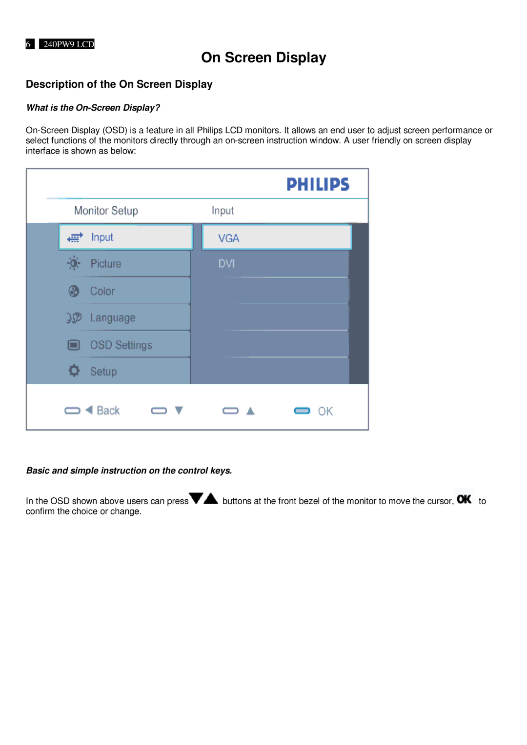 Philips 240PW9EB/75, 240PW9ES /00, 240PW9EB/27, 240PW9EB/00, 240PW9EB/69 manual Description of the On Screen Display 