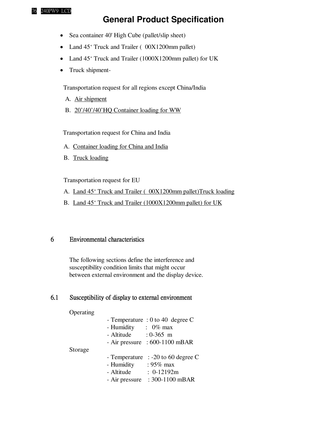 Philips 240PW9EB/75, 240PW9ES /00, 240PW9EB/27, 240PW9EB/00, 240PW9EB/69 manual General Product Specification 