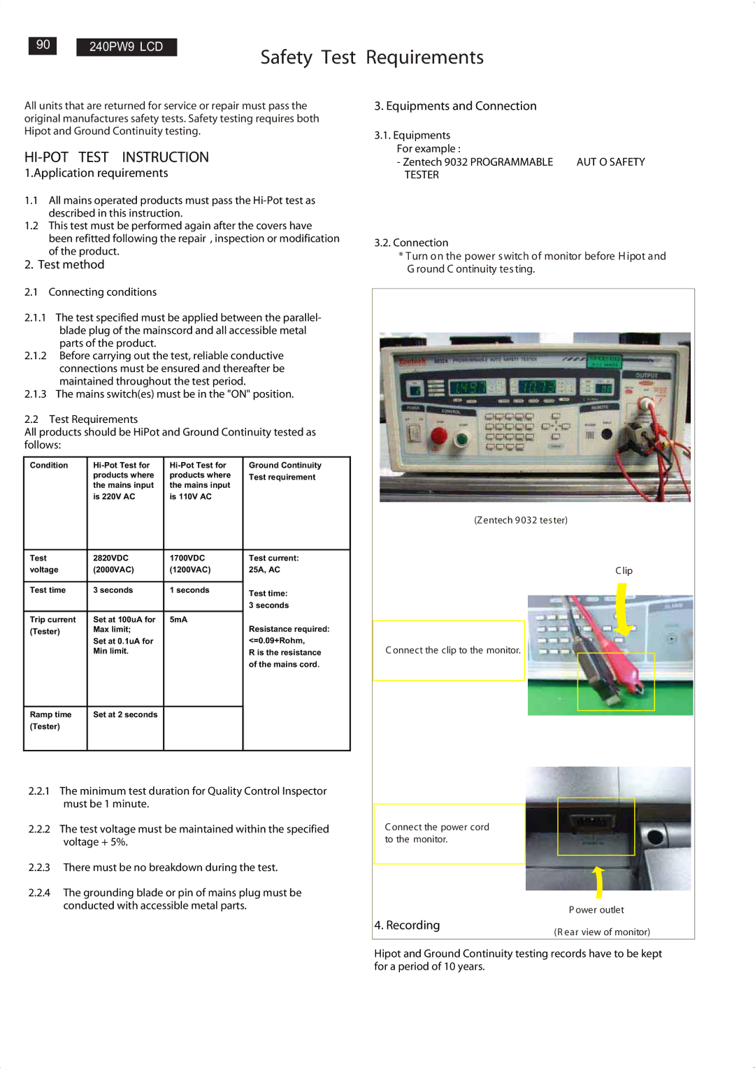 Philips 240PW9ES /00, 240PW9EB/75, 240PW9EB/27, 240PW9EB/00, 240PW9EB/69 manual Safety Test Requirements 